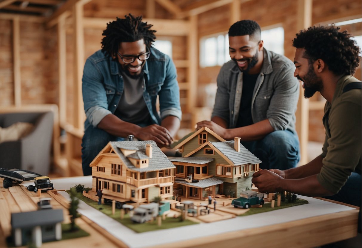 A group of tiny home builders in Atlanta carefully selecting materials and discussing design plans for their next project