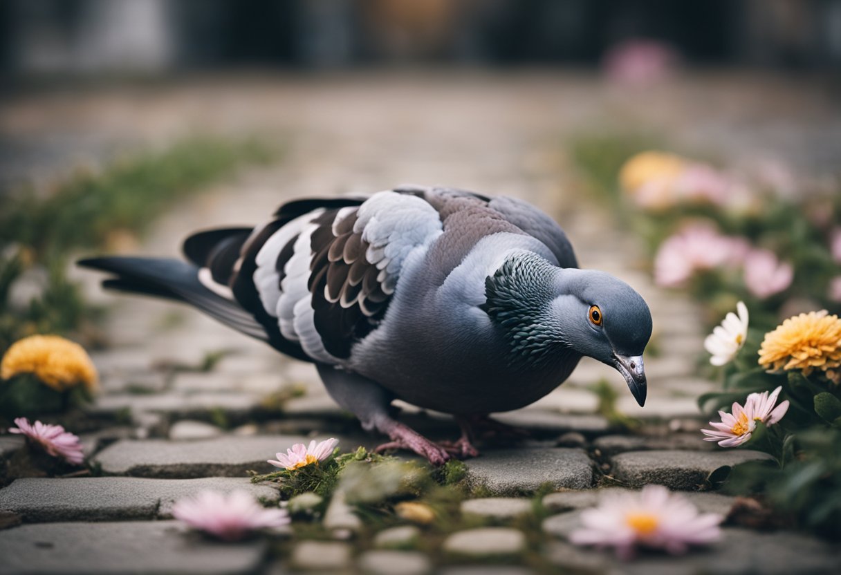 A dead pigeon lies on a cobblestone path, surrounded by wilted flowers and a somber atmosphere. The bird's lifeless form conveys a sense of loss and the fragility of life