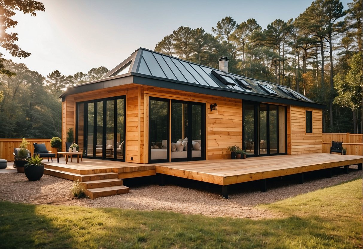 A sunny day in Atlanta, tiny home builders construct a cozy, modern tiny home with large windows and a spacious deck