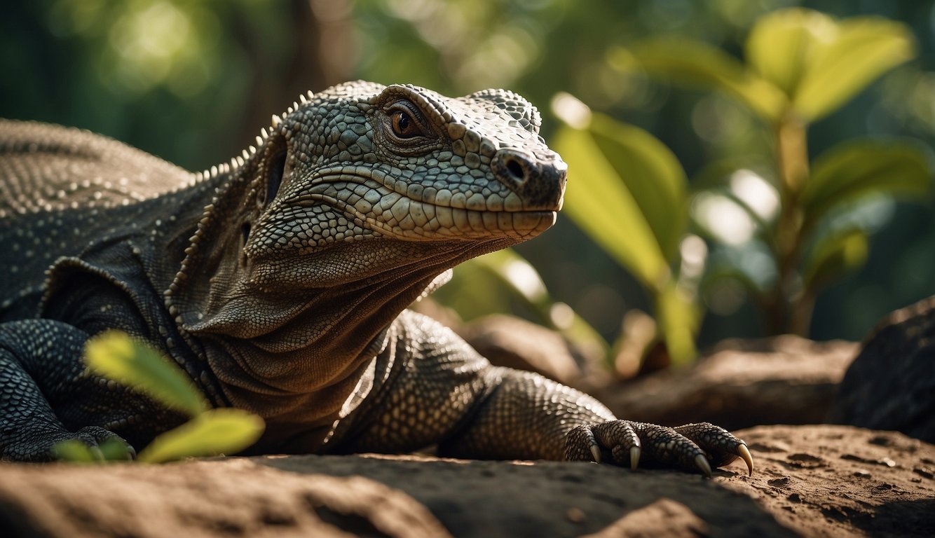 The Komodo dragon lounges in its natural habitat, surrounded by lush greenery and basking in the warm sunlight