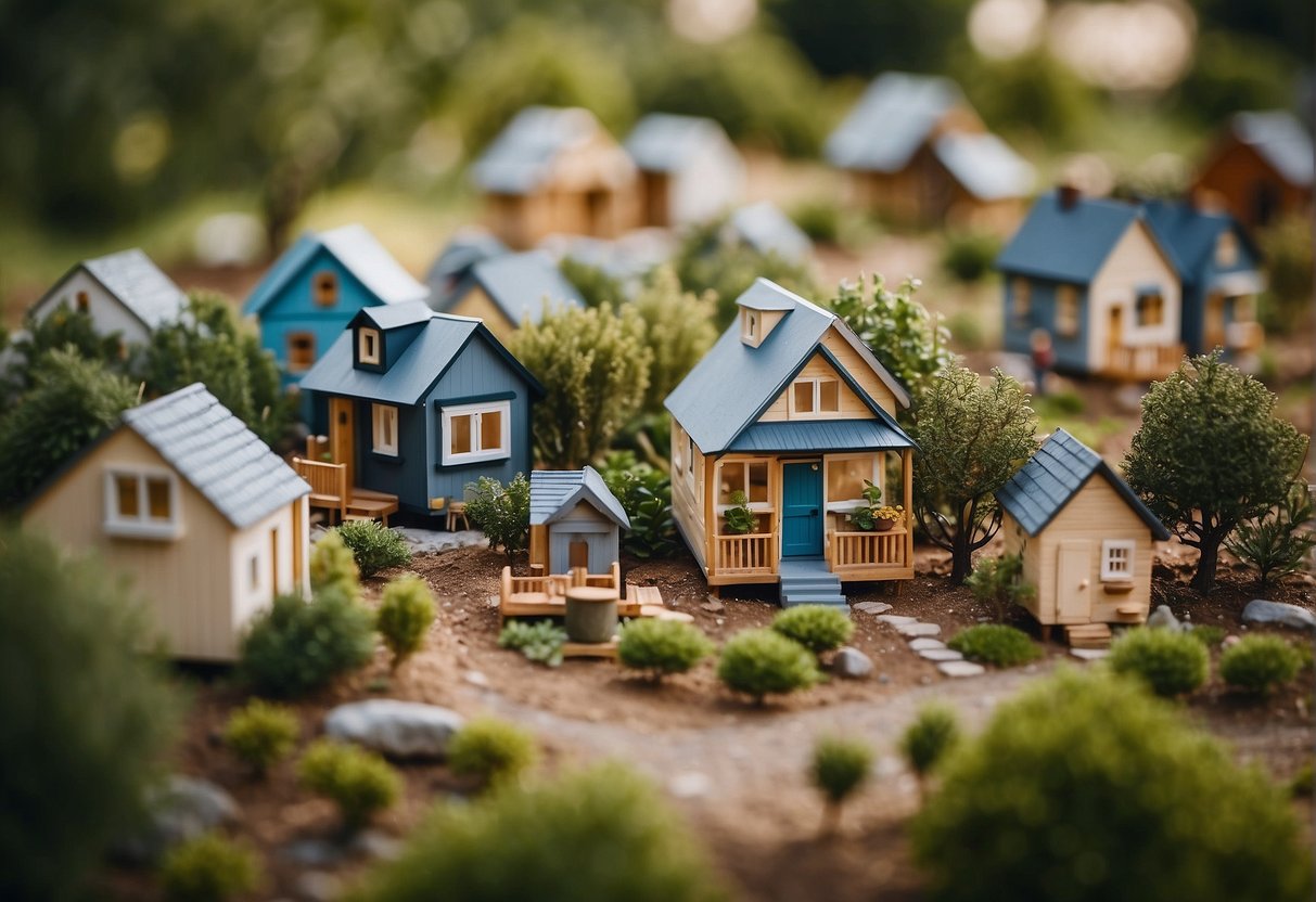 Tiny homes clustered together in a community setting, surrounded by greenery and communal spaces, with builders working on new homes