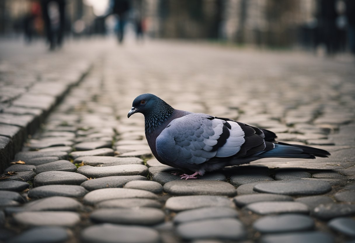 A dead pigeon lies on a cobblestone path, surrounded by scattered feathers. A crow perches nearby, watching intently