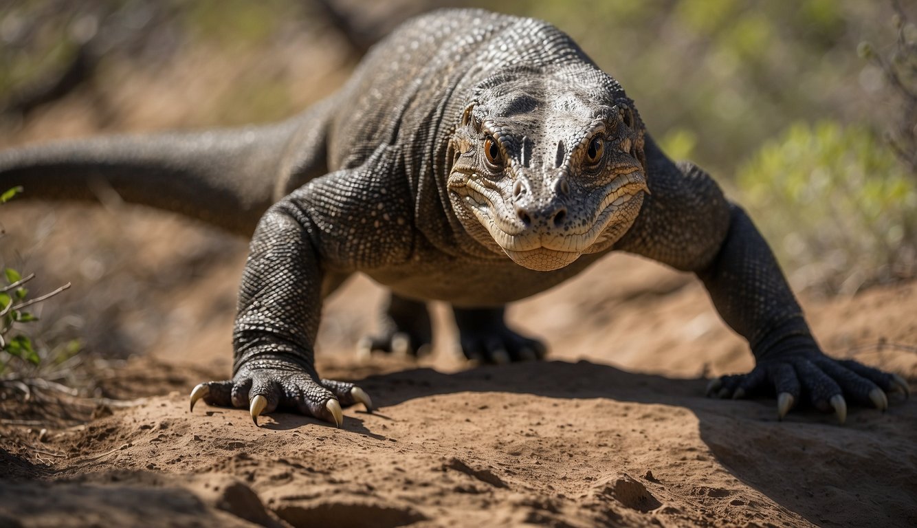 The Komodo dragon stalks its prey, blending into the rugged terrain.

It waits patiently before launching a swift attack, using its powerful jaws to bring down its target