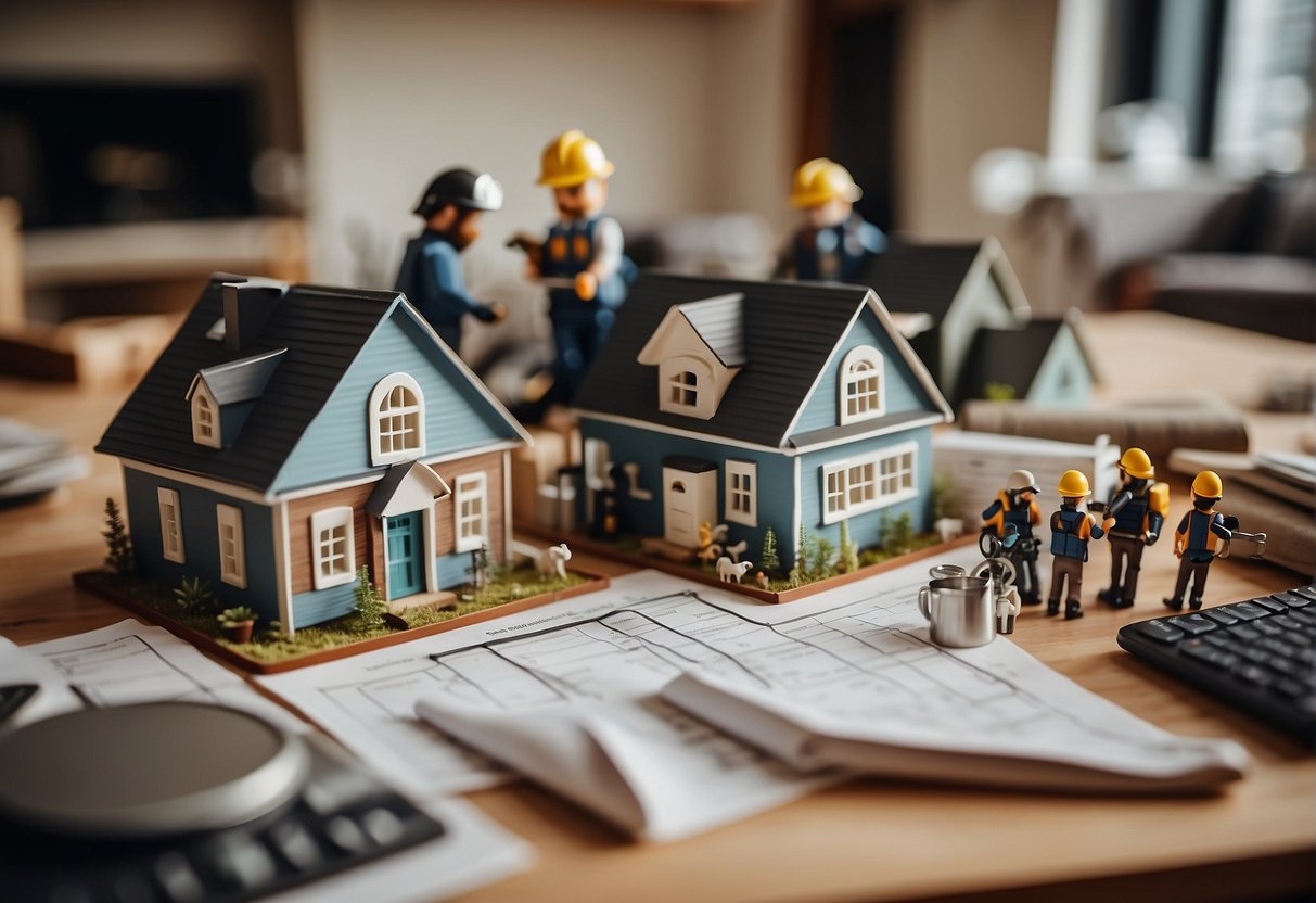 A group of tiny home builders in Atlanta surrounded by blueprints and tools, discussing frequently asked questions