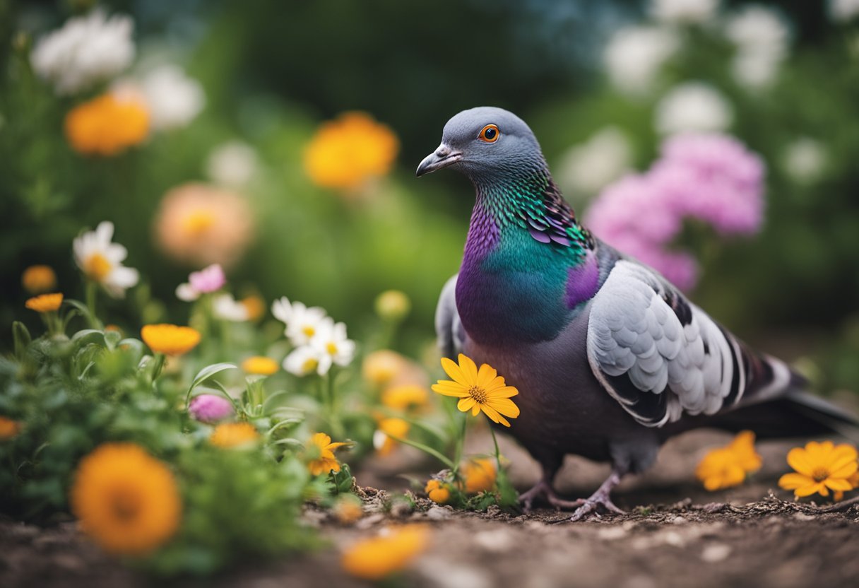 A dead pigeon lies peacefully on the ground, surrounded by vibrant flowers and sprouting greenery, symbolizing the positive aspects and new beginnings in the cycle of life