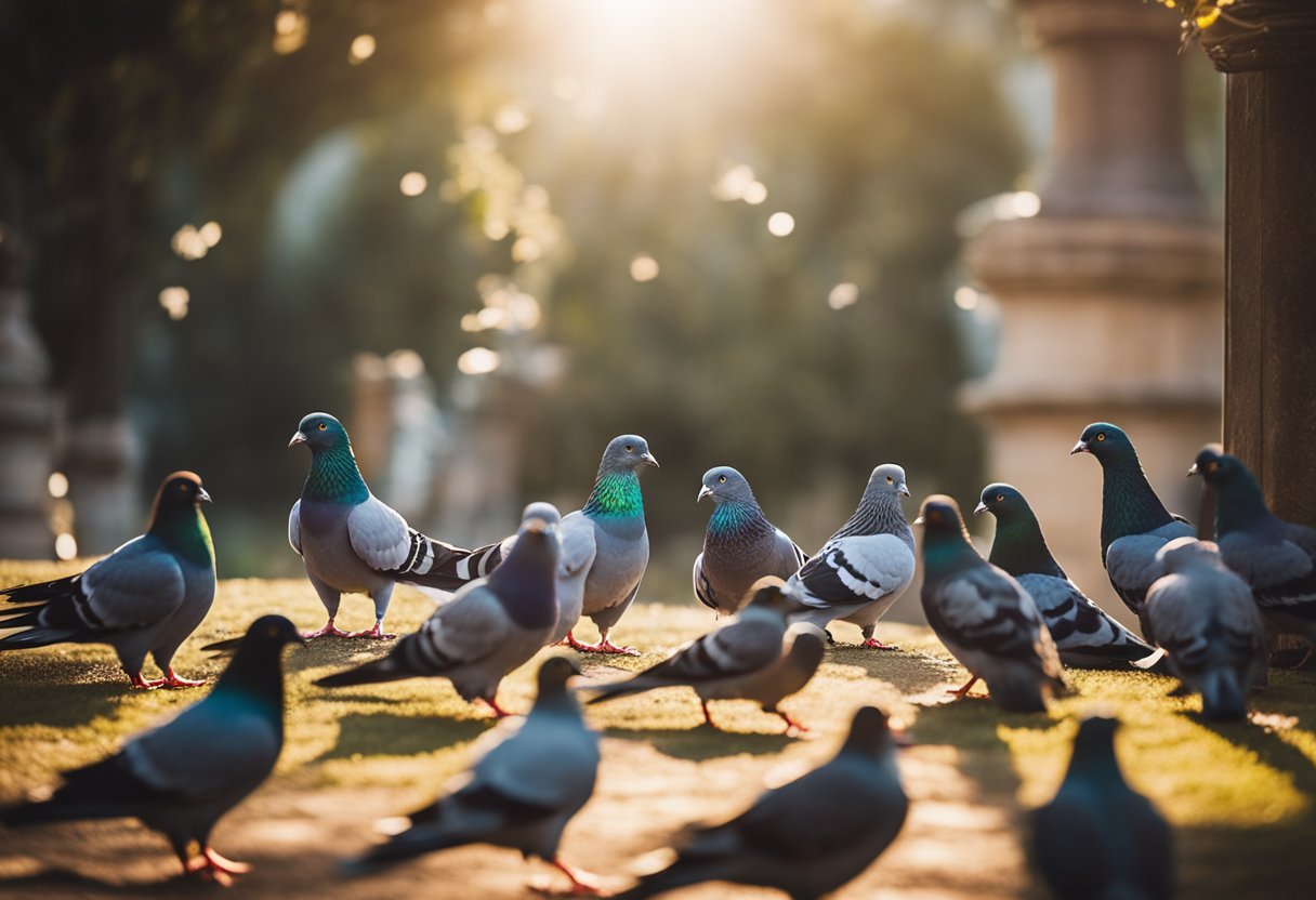 Pigeons gather around a sacred space, their feathers shimmering in the sunlight. A sense of peace and reverence fills the air as they are surrounded by symbols of spiritual practices