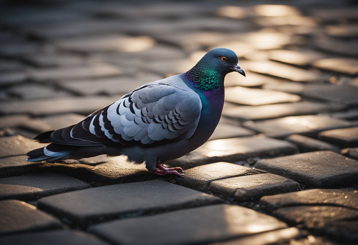 A pigeon lies lifeless on a cobblestone path, surrounded by scattered feathers. A beam of light illuminates the bird, casting a solemn and reverent atmosphere
