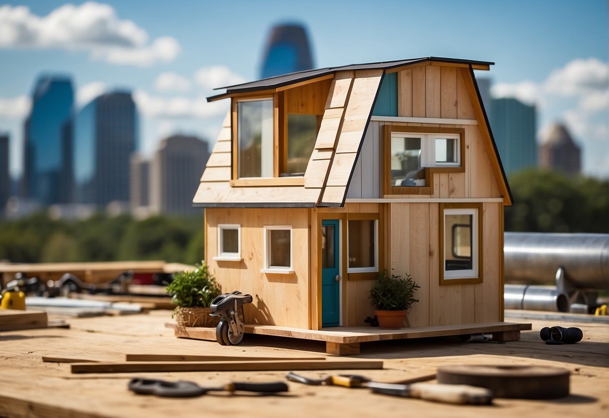 Tiny home builders construct in Austin, Texas. Tools and materials surround the unfinished structure, set against a backdrop of the city skyline