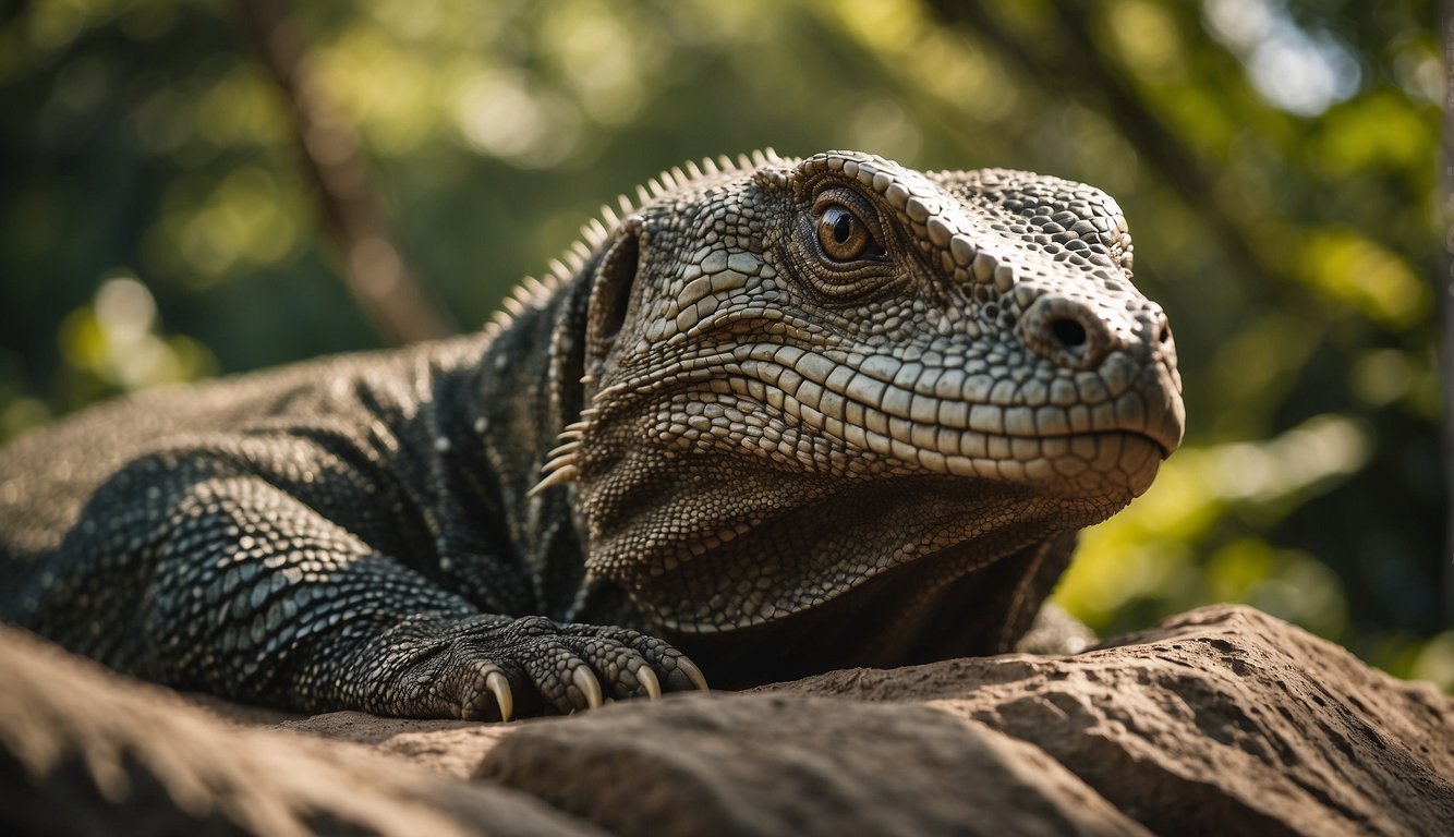 A Komodo dragon lounges in its natural habitat, surrounded by lush greenery and rocky terrain.

Its large, scaly body and sharp claws are on display as it basks in the warm sunlight