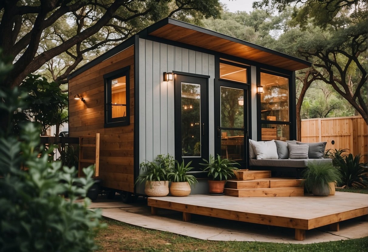 A cozy, modern tiny home nestled in the heart of Austin, Texas, surrounded by lush greenery and vibrant city life