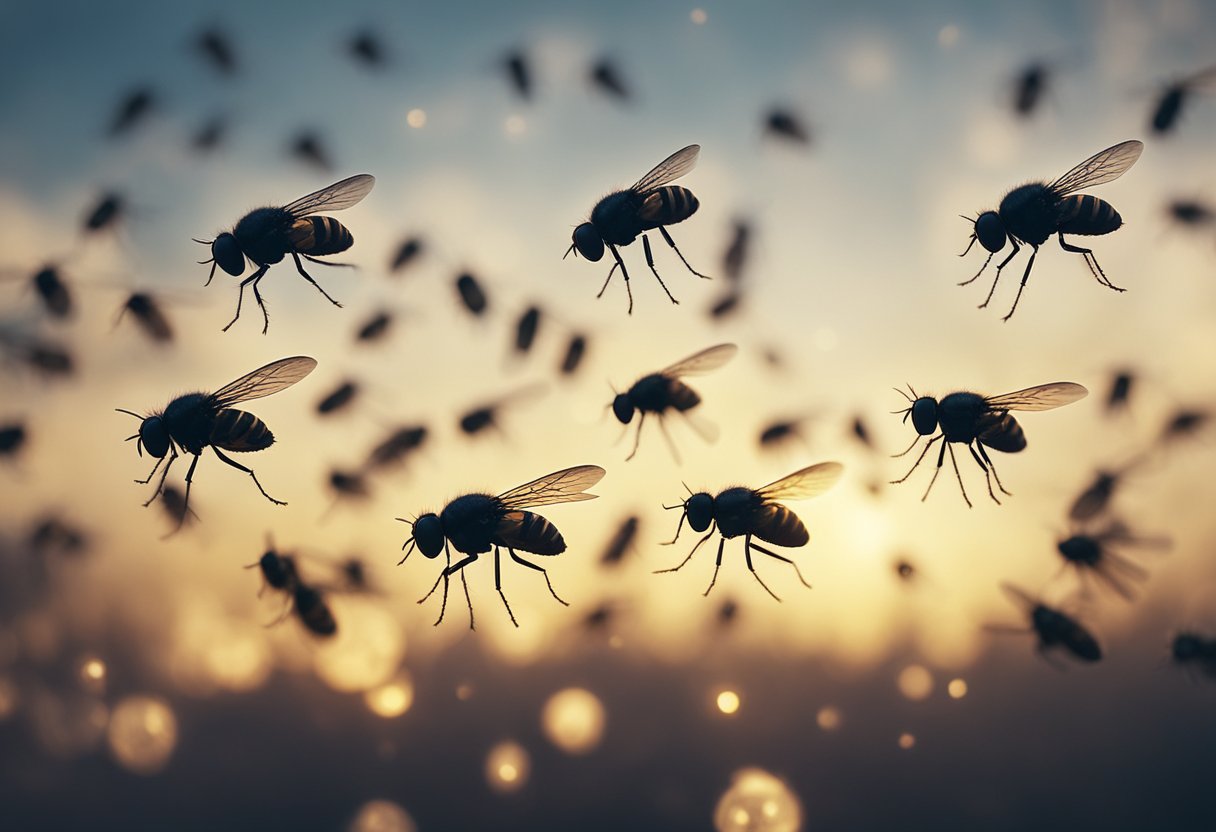 Flies swarm in a dream, symbolizing spiritual presence and guidance. Their buzzing and erratic movements create an ethereal and mystical atmosphere