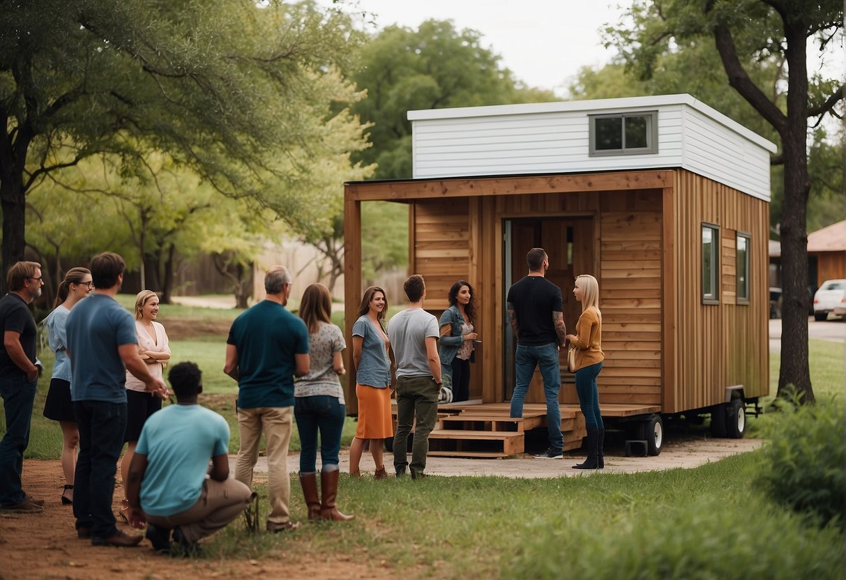 A group of people gather around a small, intricately designed tiny home in Austin, Texas, asking questions to the builders. The builders eagerly answer inquiries, showcasing their expertise in constructing these unique dwellings