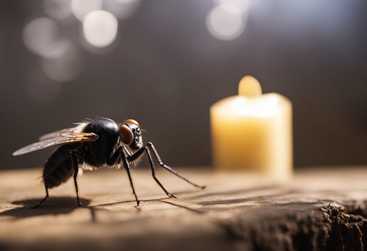 Flies gather around a flickering candle, casting eerie shadows on a weathered table. A spider weaves its web in the corner, while a crow perches outside, watching intently