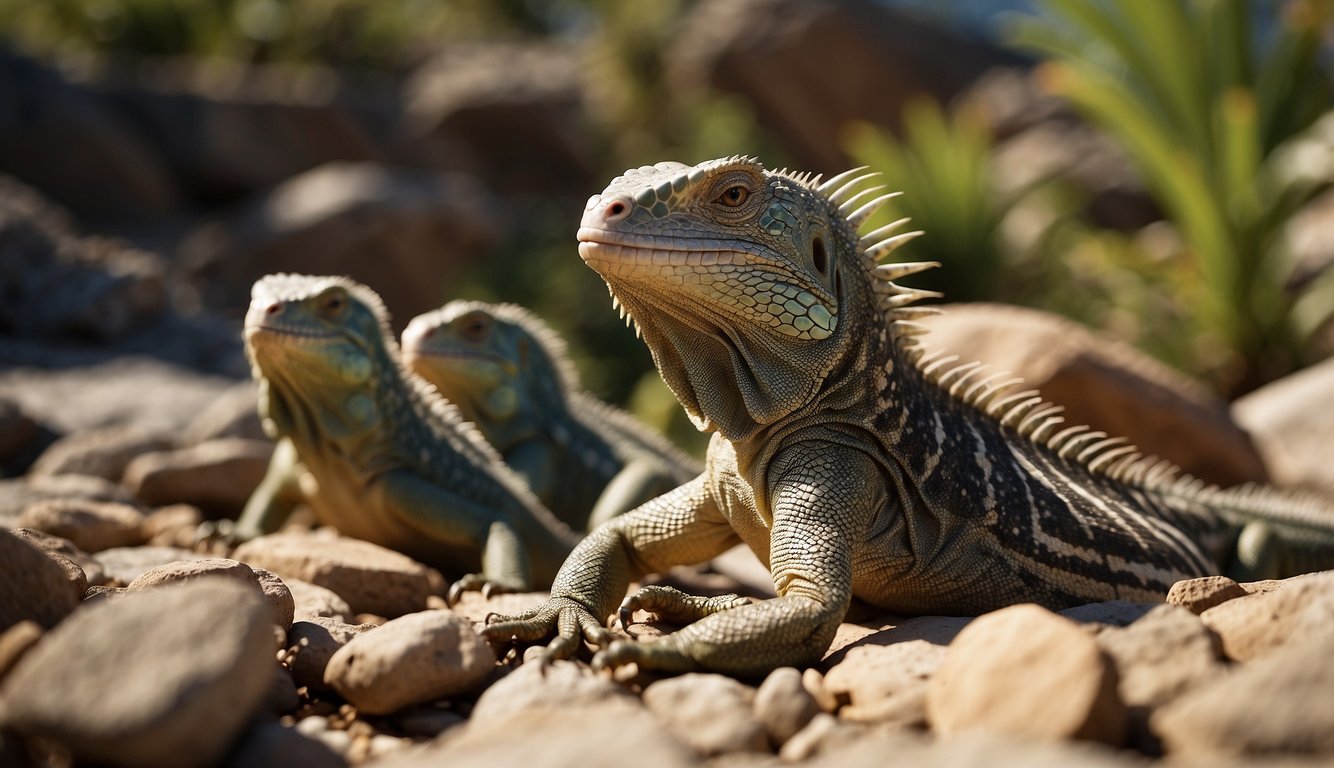 A group of iguanas bask on rocks under the warm sun, their scales glistening in the light.

Nearby, a small lizard scampers across the ground, while birds chirp in the distance