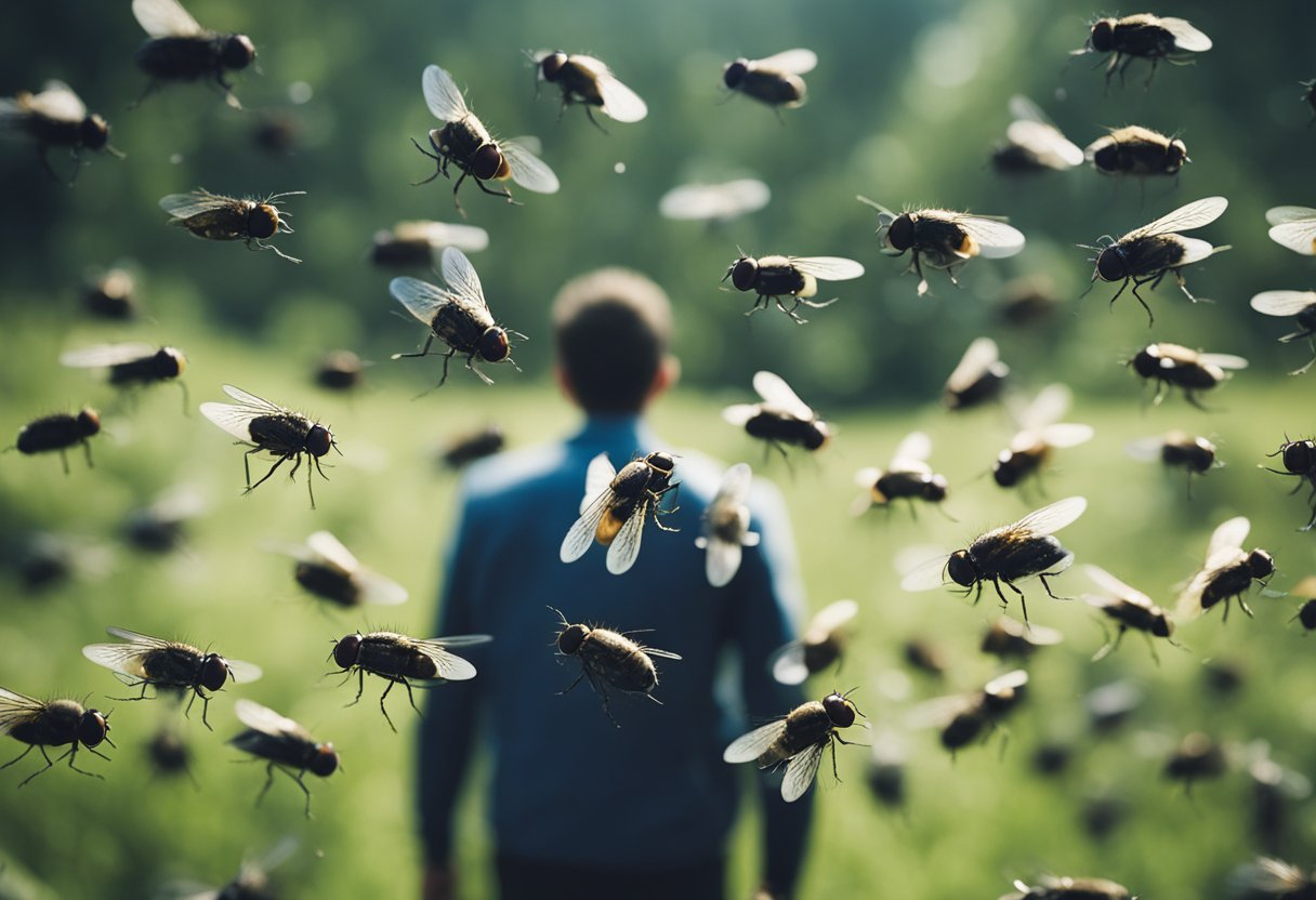 Flies swarm around a person, symbolizing negative energy and spiritual warnings