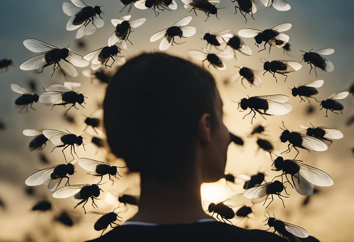 Flies encircle a person, forming a shield of protection. Their presence signifies spiritual guardianship and the need for mindfulness in daily practices