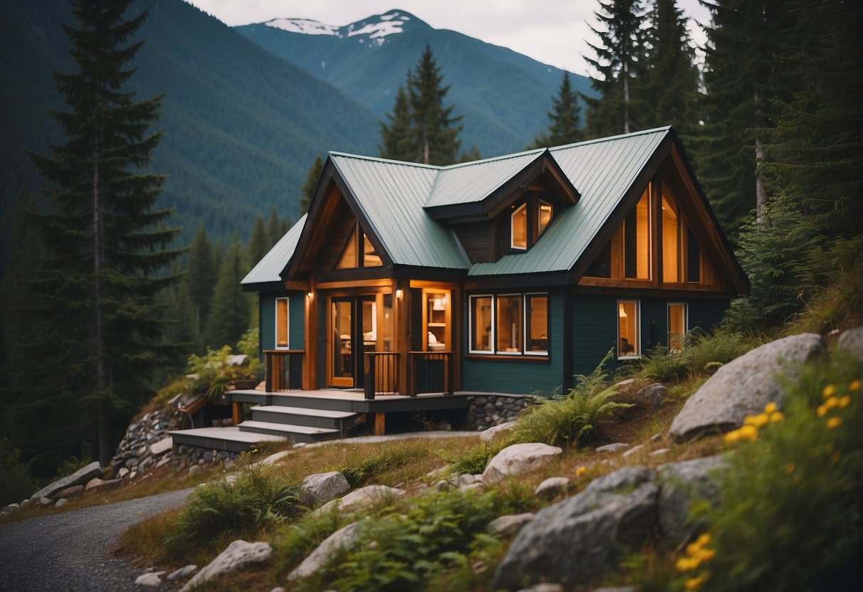 Tiny home builders in BC construct a cozy dwelling amidst lush forests and snow-capped mountains, using sustainable materials and innovative designs