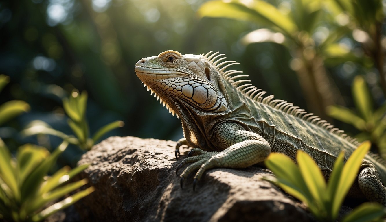 An iguana basks on a rock under the bright sun, its scales glistening in the light.

Surrounding plants and insects add to the natural setting