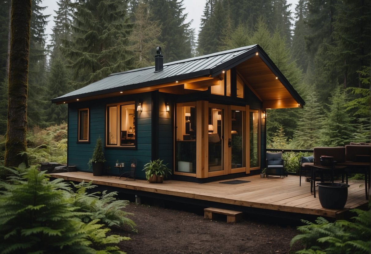 A cozy tiny home nestled in the lush forests of British Columbia, surrounded by towering trees and a serene natural landscape