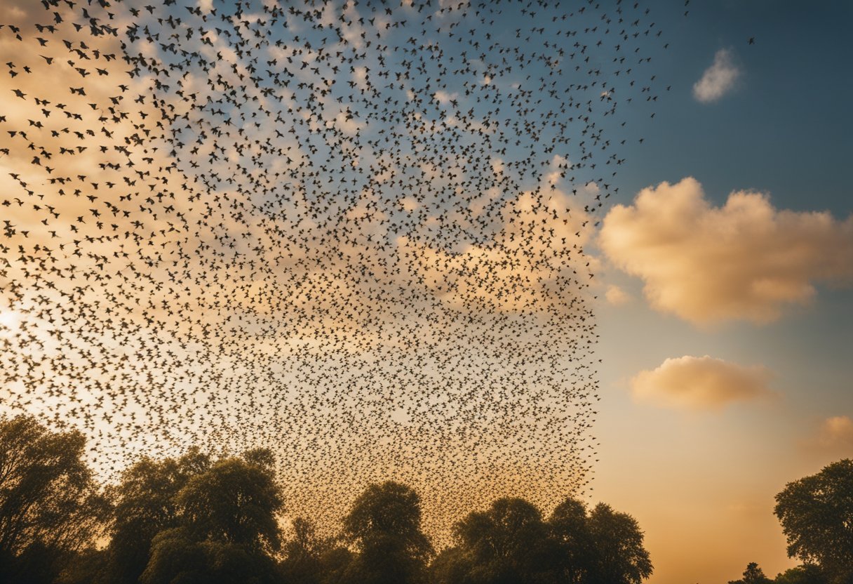 A flock of starlings forms intricate patterns in the sky, symbolizing unity and harmony in nature