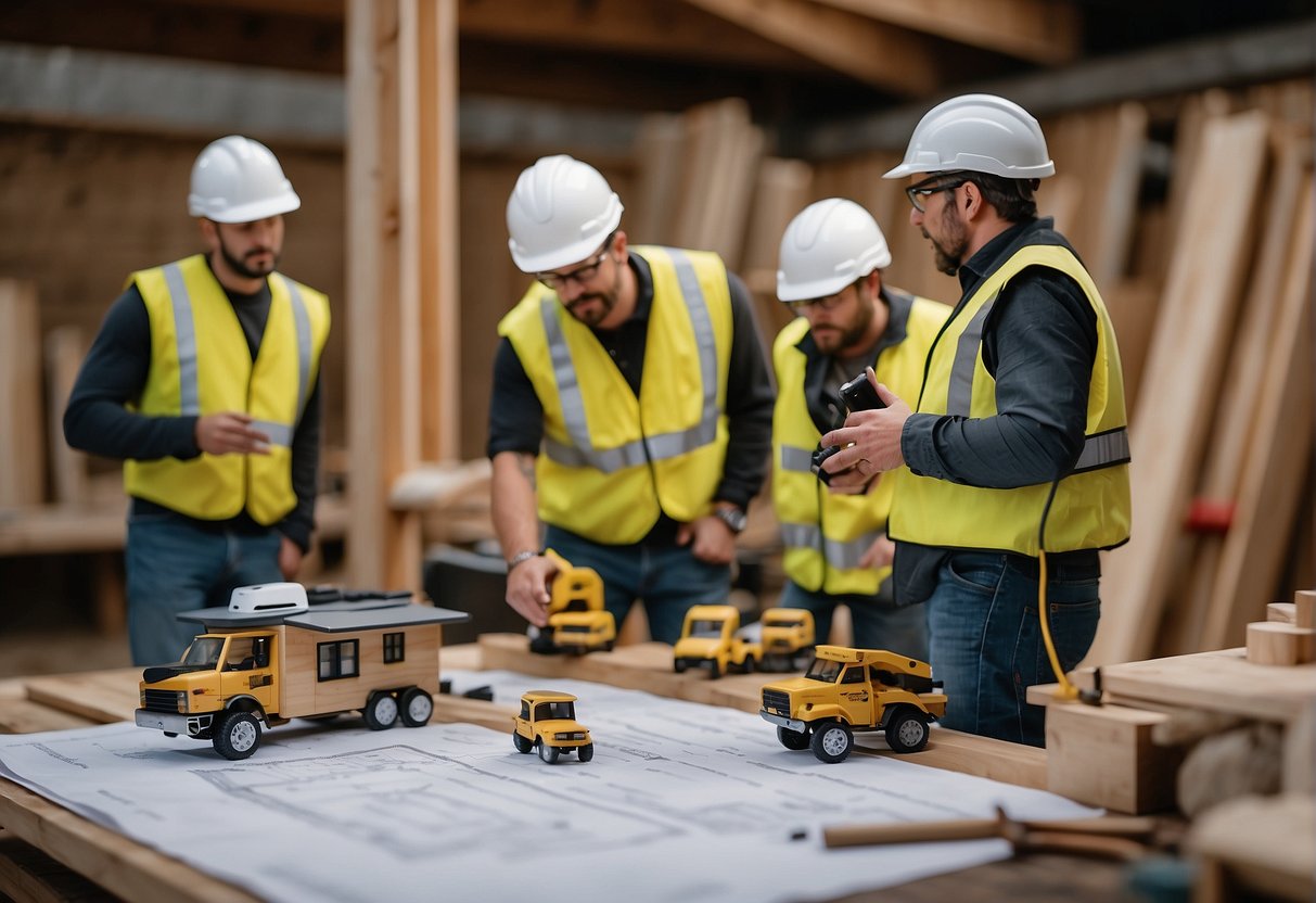 A group of tiny home builders in BC answering questions, surrounded by blueprints and tools