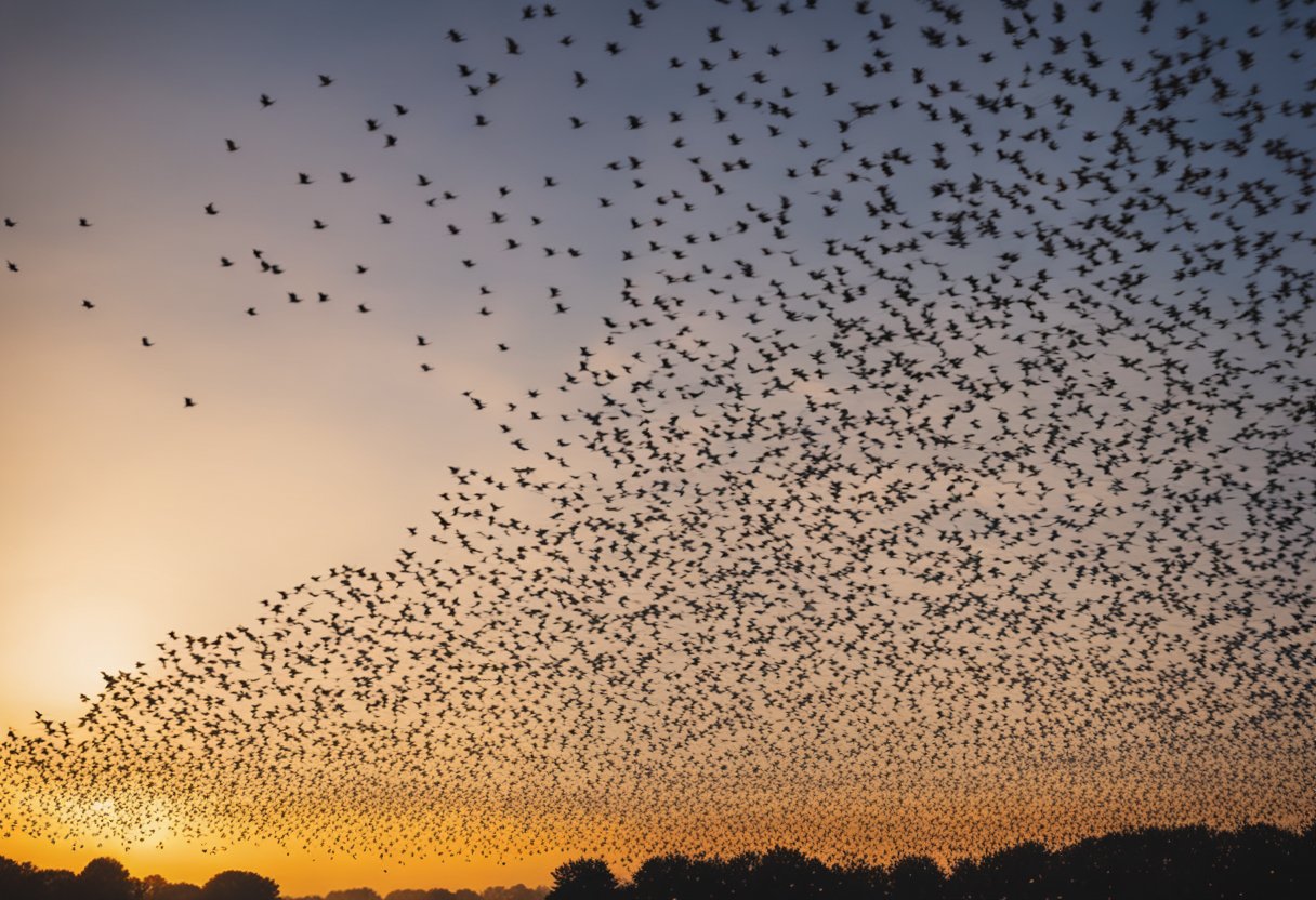 A murmuration of starlings swirls in the sky, forming intricate patterns that evoke a sense of unity and interconnectedness. The birds move as one, creating a mesmerizing display of togetherness and spiritual significance