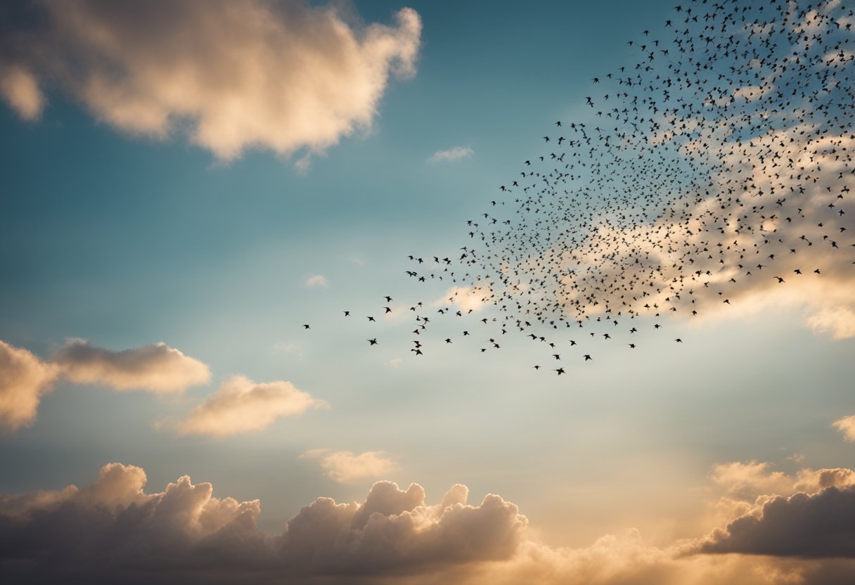 A flock of starlings forms a mesmerizing, interconnected dance in the sky, symbolizing unity and spiritual connection