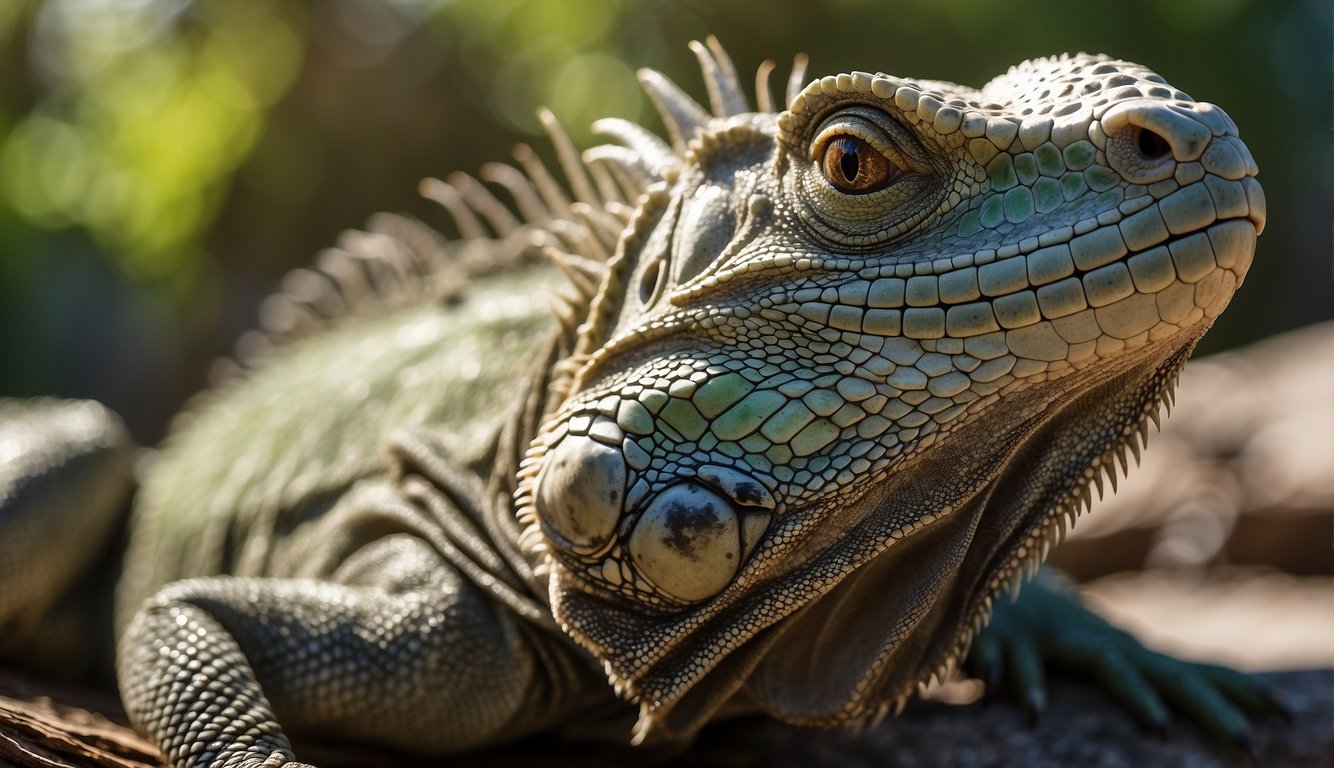 An iguana basks in the sun, its scales shimmering in the light.

Nearby, children watch in fascination as the reptile soaks up the warmth, its eyes closed in contentment