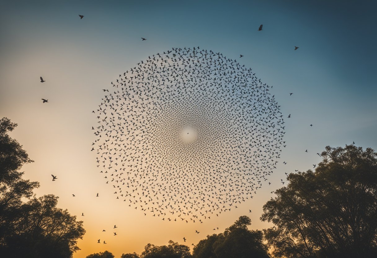 A flock of starlings swirls in the sky, symbolizing unity and interconnectedness in nature. Below, a diverse ecosystem thrives, emphasizing the importance of conservation