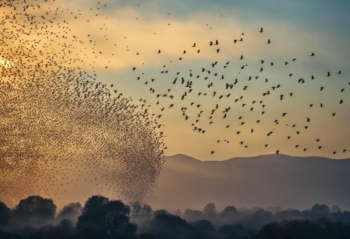A flock of starlings swirls in a mesmerizing dance, their synchronized movements creating intricate patterns in the sky