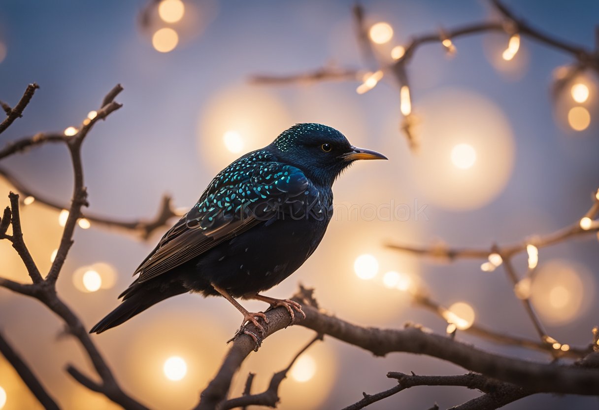 A starling perched on a branch, surrounded by symbols of wisdom - an open book, a glowing light, and a celestial background