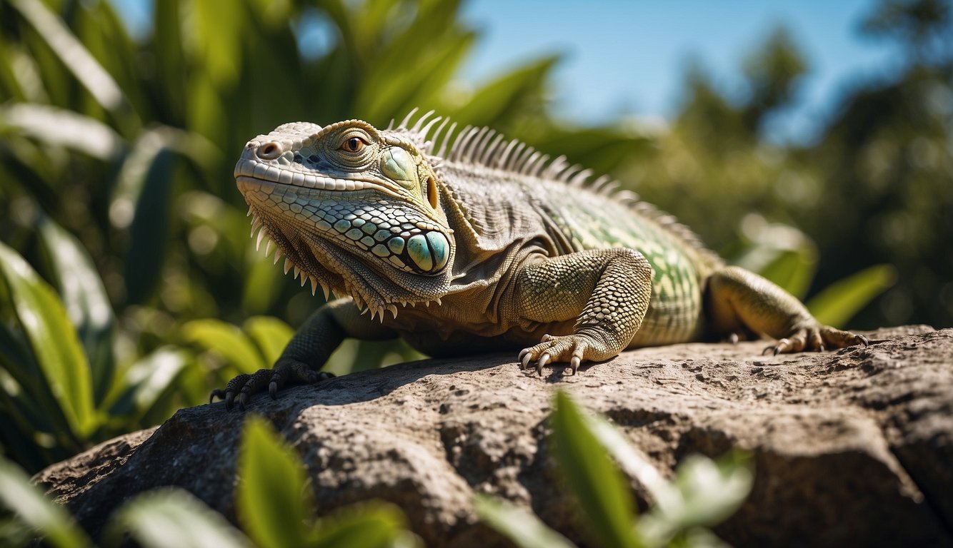 An iguana basks on a rock under the sun, surrounded by lush greenery and a clear blue sky