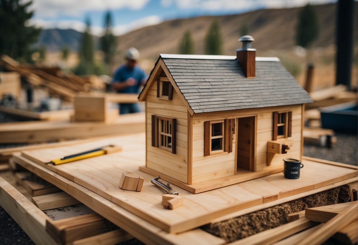 Tiny home builders construct in Boise, Idaho. Tools, lumber, and blueprints surround the small, unfinished structure