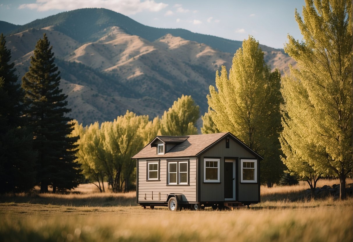 A tiny home nestled in the lush landscape of Boise, Idaho, surrounded by mountains and trees, showcasing the craftsmanship of local builders