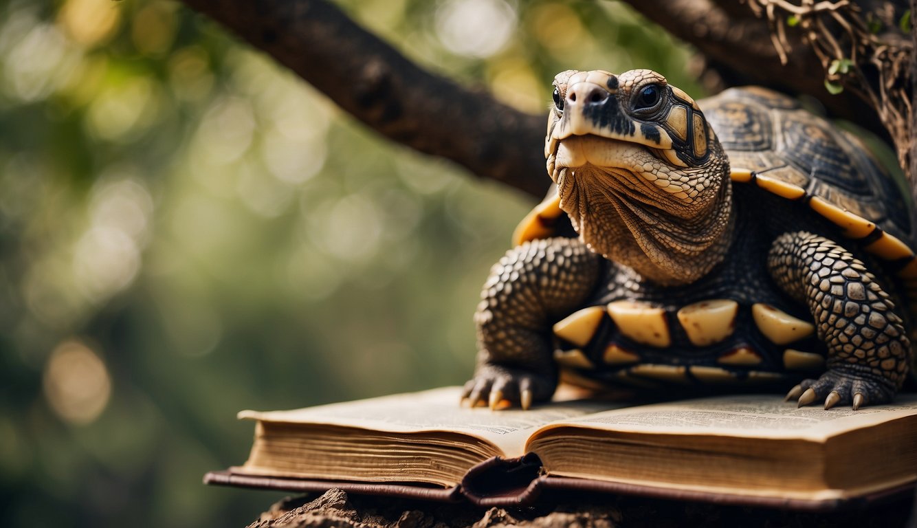 A wise tortoise sits under a gnarled tree, surrounded by ancient tomes and scrolls.

The serene creature gazes into the distance, as if pondering the secrets of a long and fulfilling life