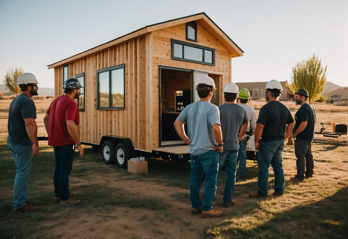 A group of builders in Boise, Idaho, carefully customizing and designing a tiny home with various options and features