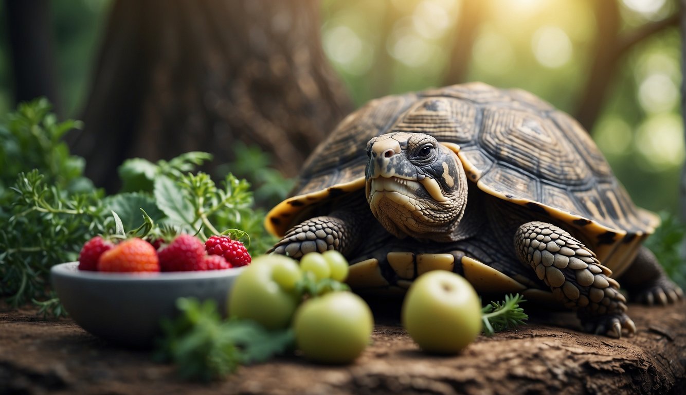 A wise tortoise surrounded by ancient trees, studying a potion of herbs and fruits, with a serene expression
