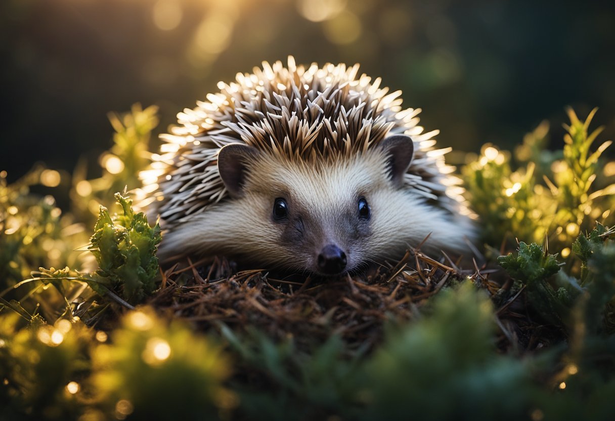 A hedgehog curled into a protective ball, surrounded by thorny bushes and a glowing aura, representing resilience and spiritual protection