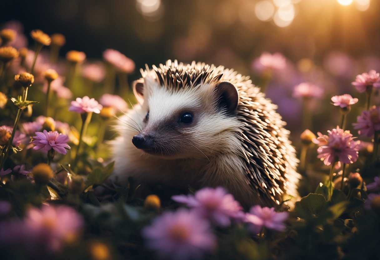 A hedgehog nestled in a bed of vibrant, blooming flowers, surrounded by a soft glow of moonlight, with a sense of tranquility and wisdom emanating from its peaceful expression