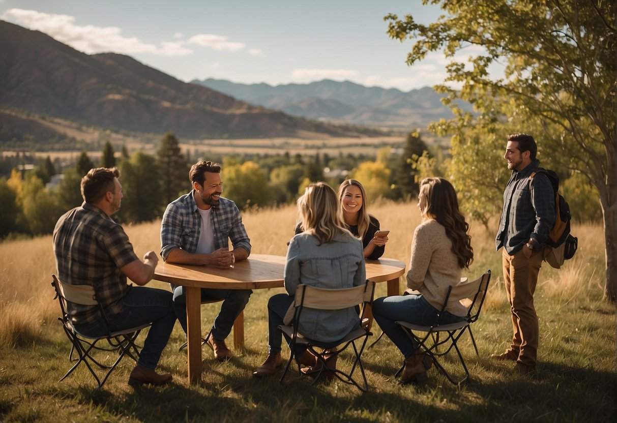 A group of people in Boise, Idaho, eagerly asking questions about tiny home building. The builders confidently answering inquiries with a backdrop of scenic Idaho landscapes