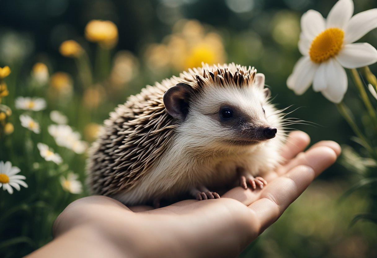 A hedgehog standing in a peaceful garden, surrounded by symbols of wisdom and protection, with a sense of tranquility and spiritual significance emanating from its presence