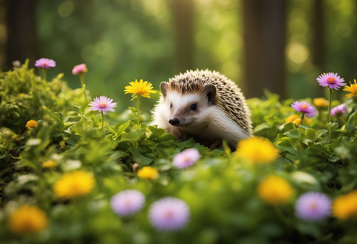A hedgehog nestled in a lush, green forest, surrounded by vibrant flowers and gentle wildlife. Its spiky coat glistens in the sunlight, symbolizing protection and resilience in nature