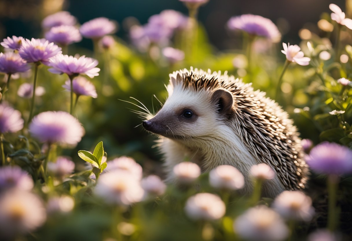 A hedgehog sitting peacefully in a tranquil garden, surrounded by blooming flowers and bathed in warm sunlight