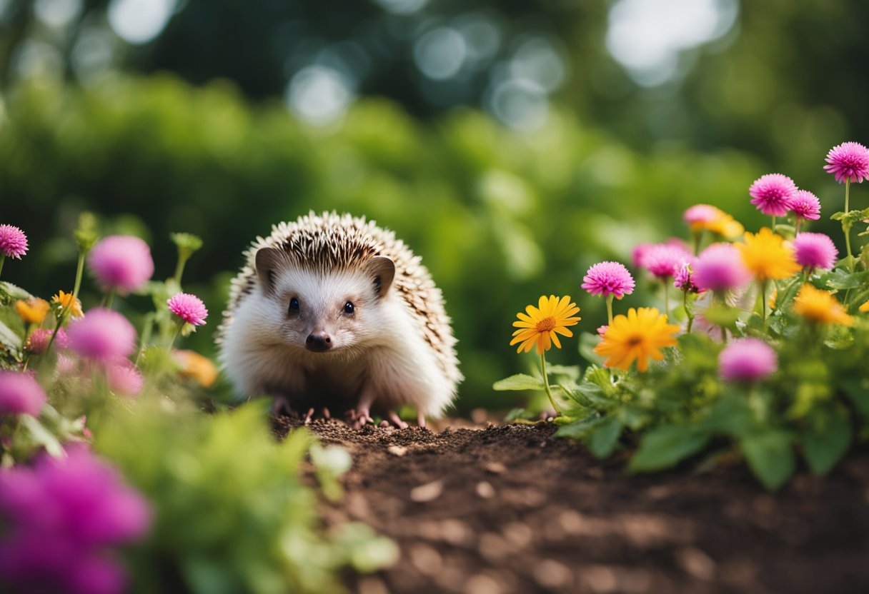 A hedgehog stands tall, surrounded by lush greenery and vibrant flowers, representing resilience and protection in personal growth