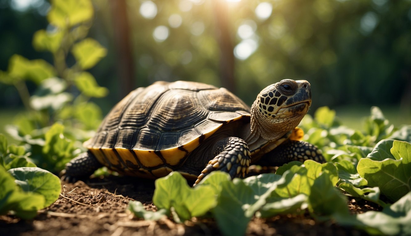 A tortoise slowly munches on leafy greens, its shell patterned with intricate markings.

The sun casts a warm glow on the peaceful creature as it leisurely explores its natural habitat