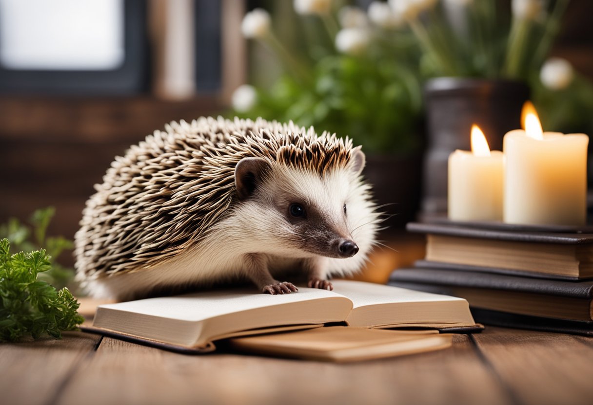 A hedgehog surrounded by candles and herbs, symbolizing protection and intuition. An open book on hedgehog folklore rests nearby