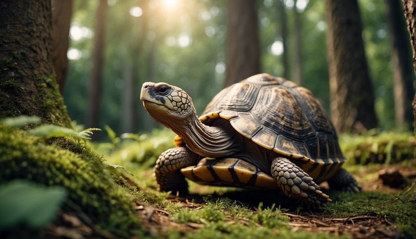 A wise tortoise surrounded by ancient trees, sharing secrets with curious animal friends in a peaceful forest clearing