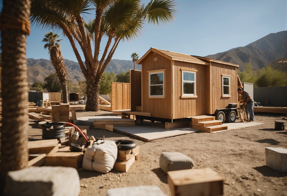 Tiny home builders construct in sunny California, surrounded by palm trees and mountains. Materials and tools are scattered around the work site