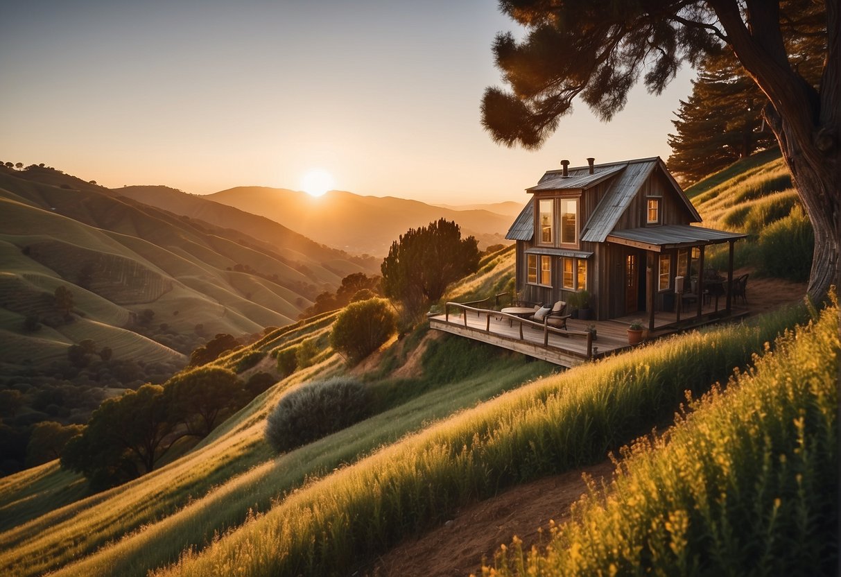 A tiny home sits nestled among the rolling hills of California, surrounded by lush greenery and towering trees. The sun sets in the distance, casting a warm glow over the quaint, eco-friendly dwelling