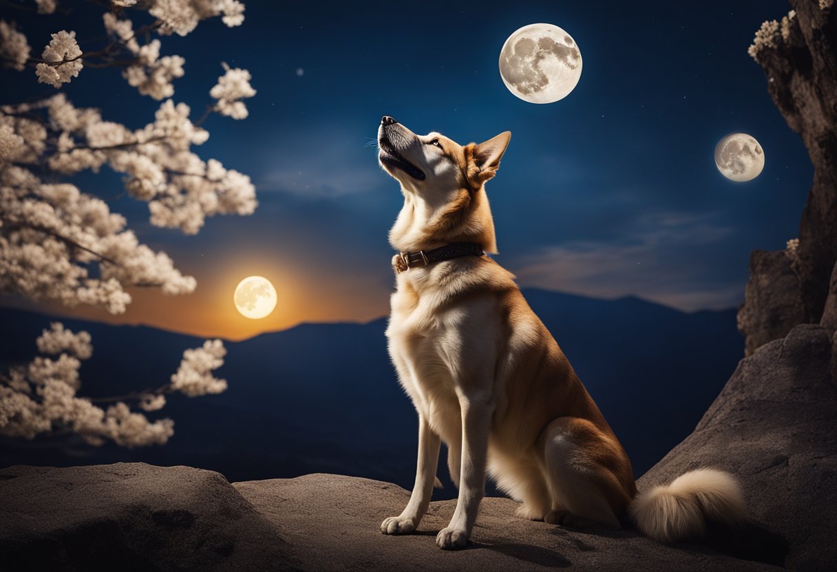 A lone dog howls under a full moon, surrounded by symbols of different cultures and their interpretations of the spiritual significance of the act